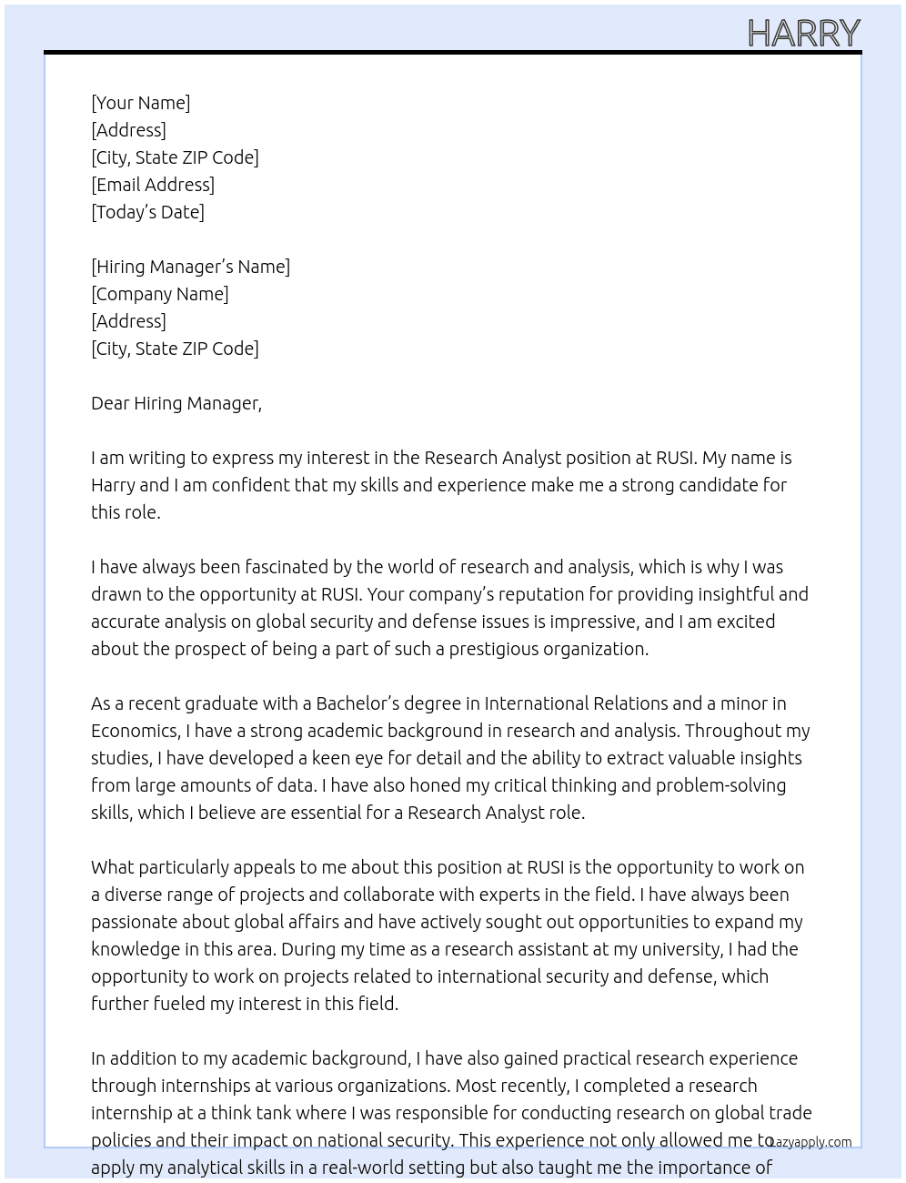 Research Analyst At RUSI Cover Letter