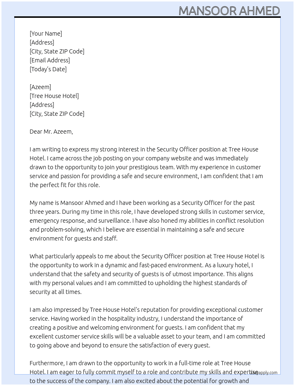 Security officer  At Tree House hotel  Cover Letter