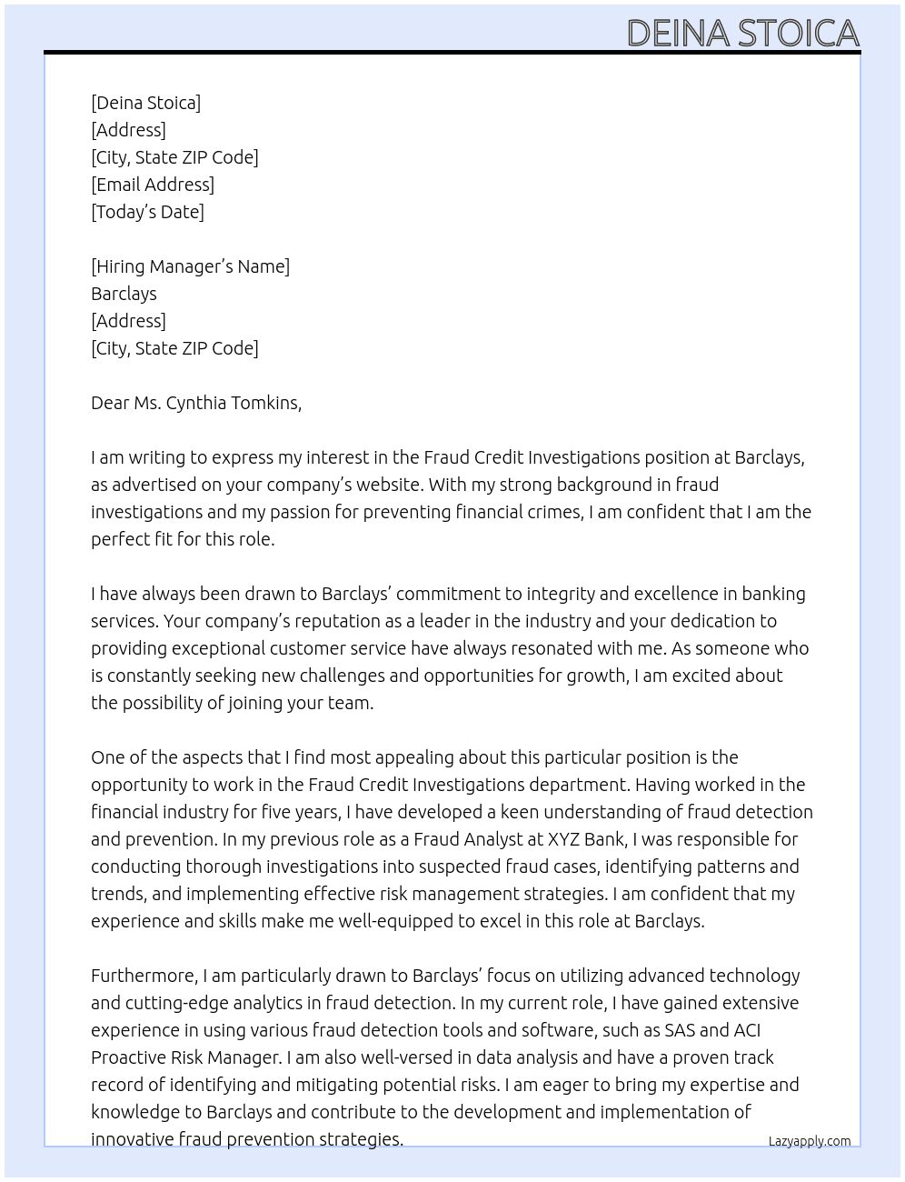Fraud credit investigations At Barclays Cover Letter
