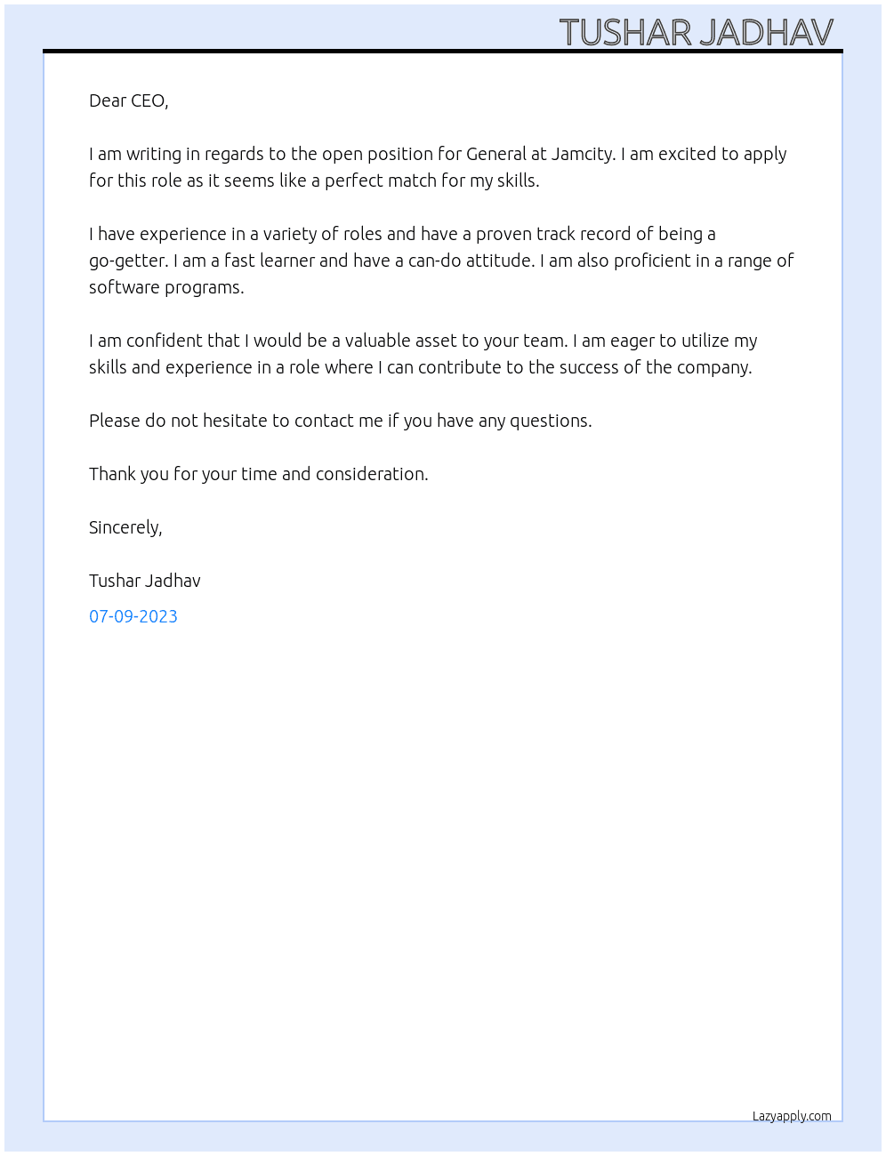 General  At Jamcity Cover Letter