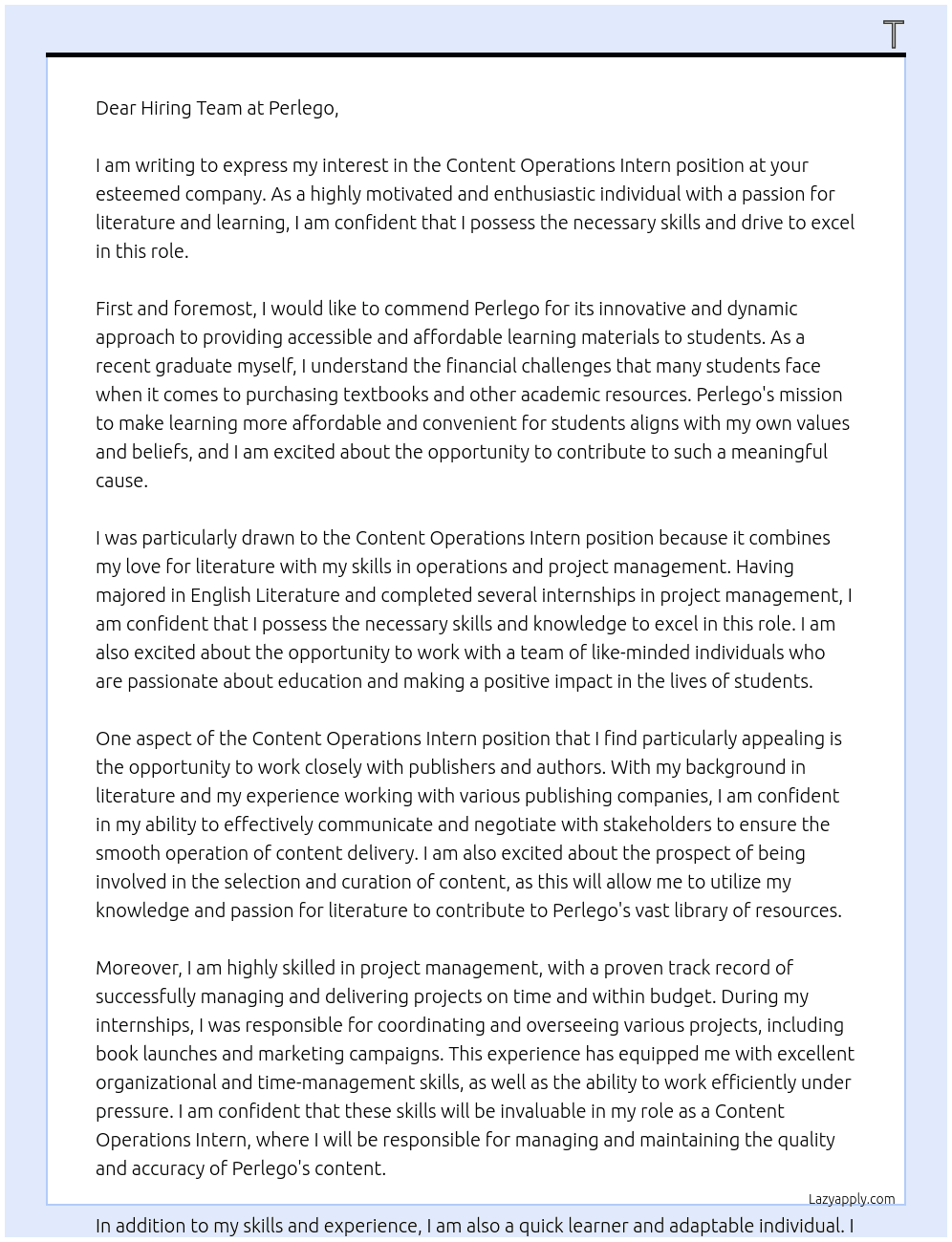 Content Operations Intern At Perlego Cover Letter