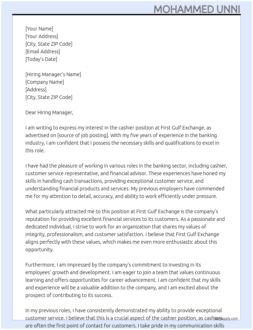 cashier At first gulf exchange Cover Letter