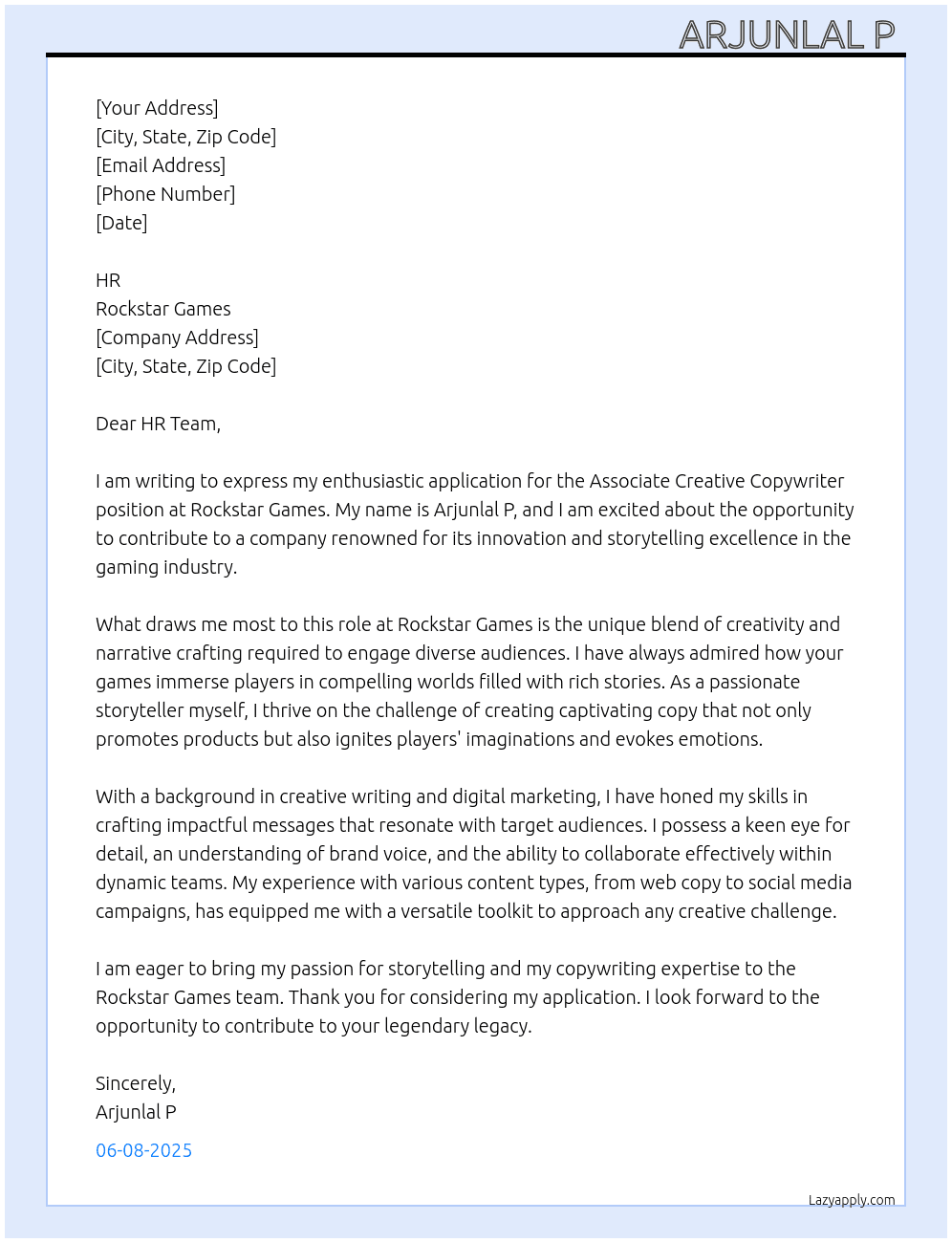 Cover letter for associate creative copyrighter - LazyApply