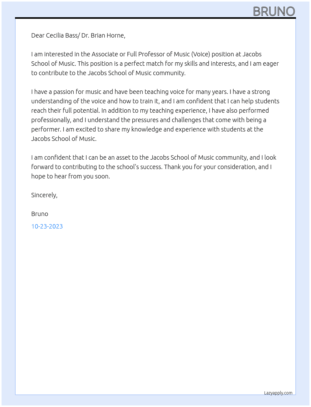Associate or Full Professor of Music (Voice) At Jacobs School of Music  Cover Letter