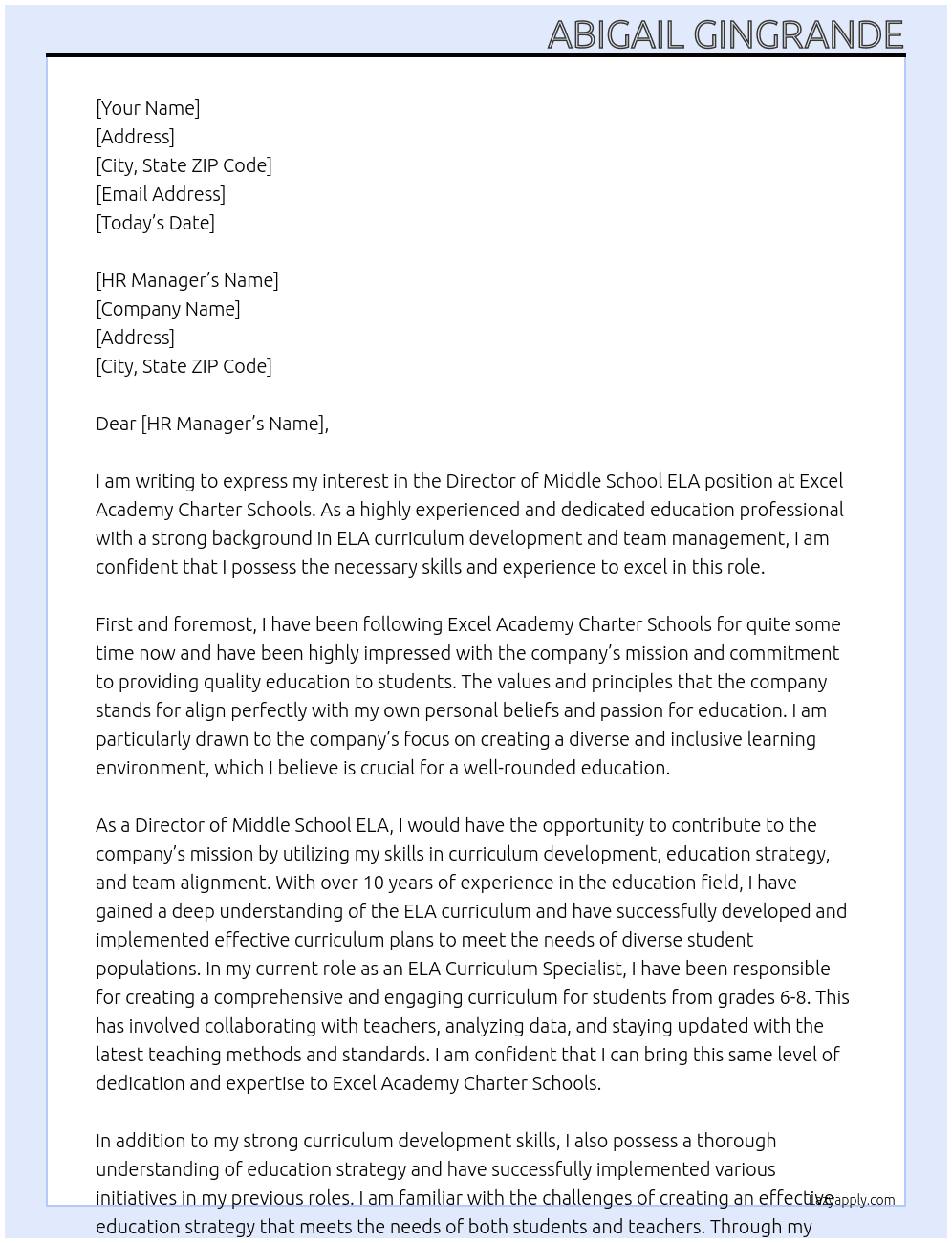 Director of Middle School ELA At Excel Academy Charter Schools Cover Letter