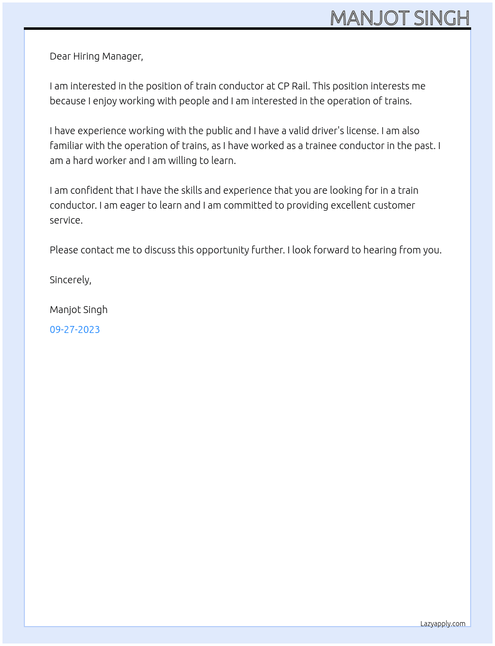 train Conductor At CP Rail Cover Letter