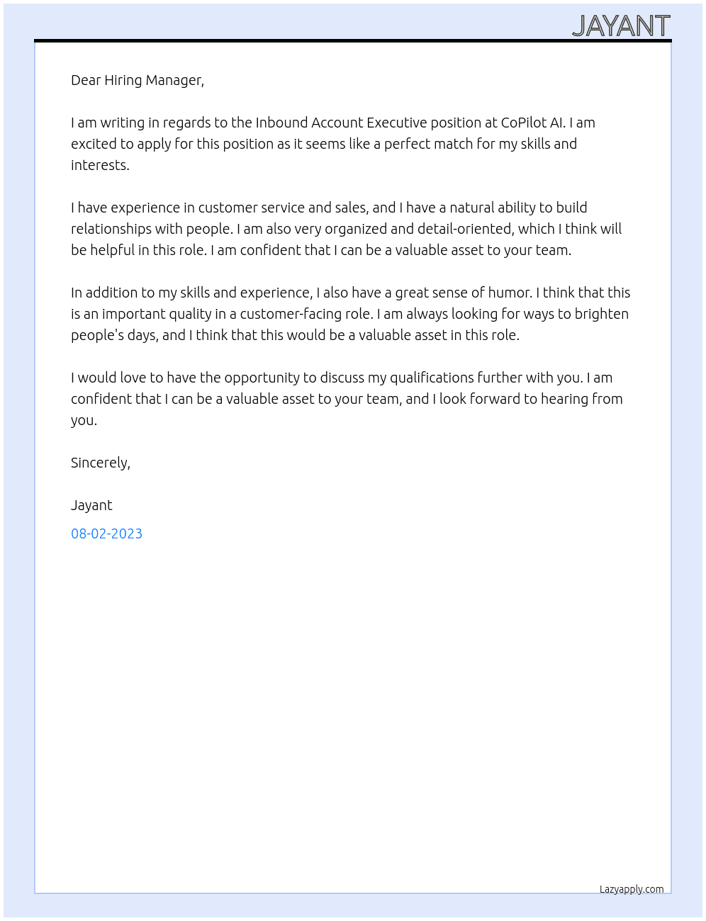 Inbound Account Executive At CoPilot AI Cover Letter