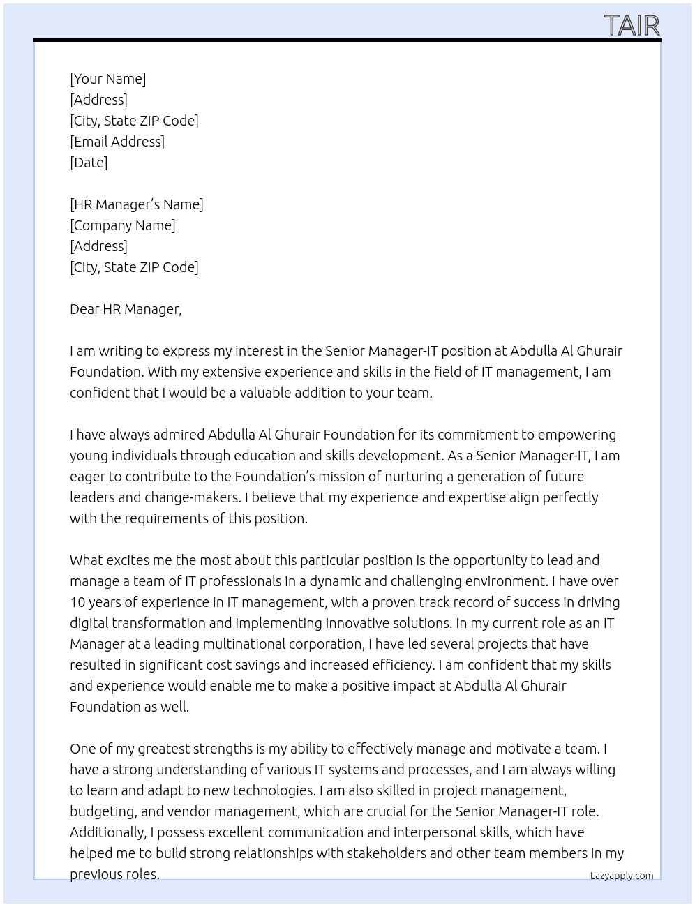 Senior Manager- IT At Abdulla Al Ghurair Foundation Cover Letter
