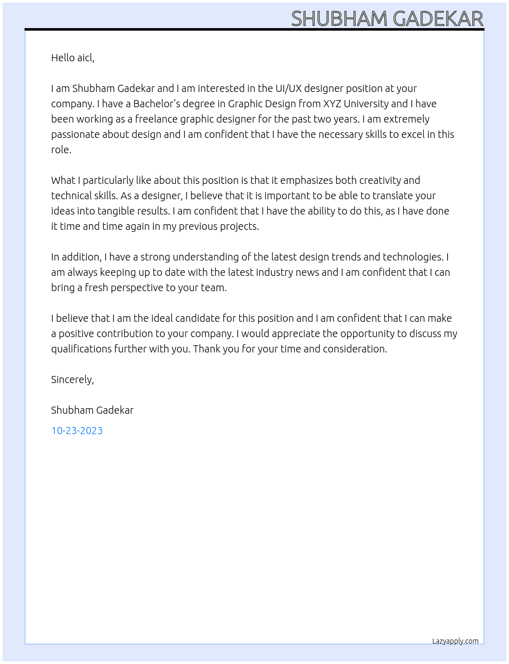 UI/UX designer At aicl Cover Letter