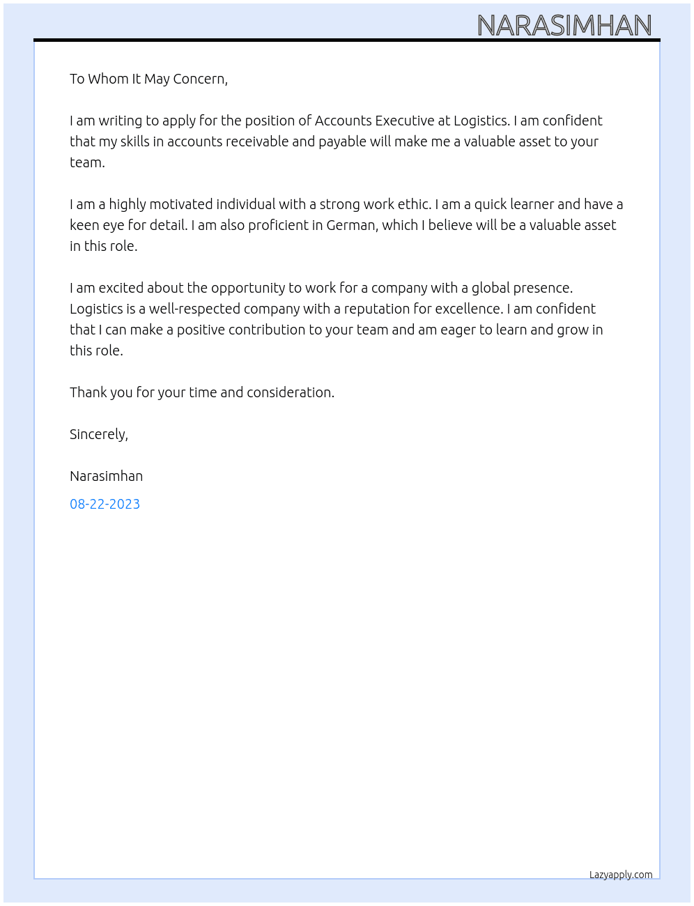 accounts executive  At logistics  Cover Letter