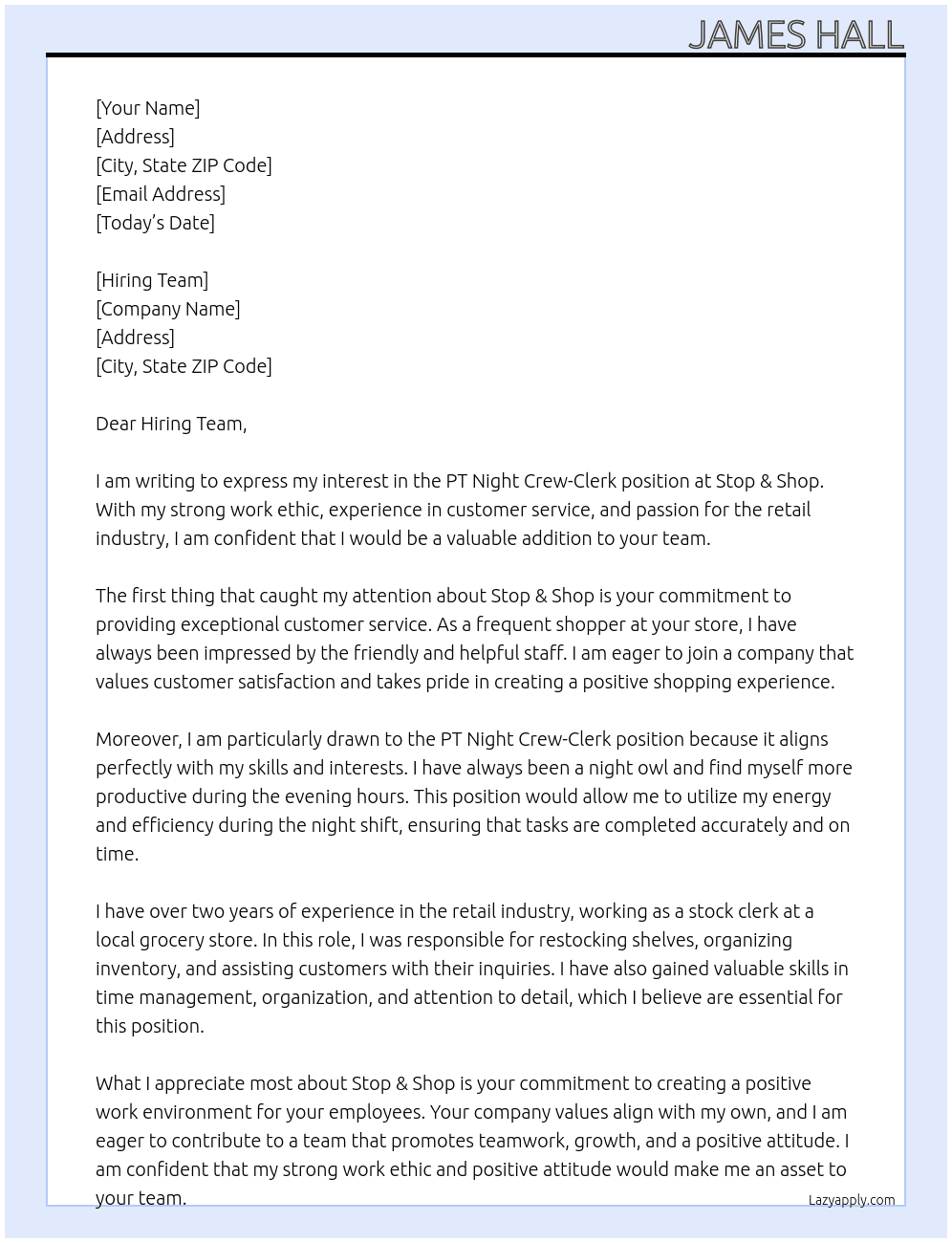 PT Night Crew-Clerk At Stop & Shop Cover Letter