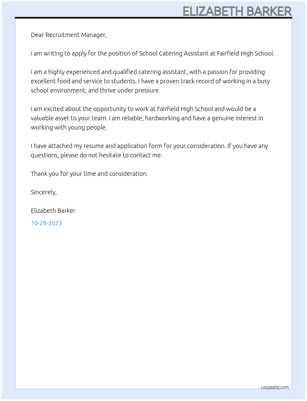 School catering assistant At Fairfield High School Cover Letter