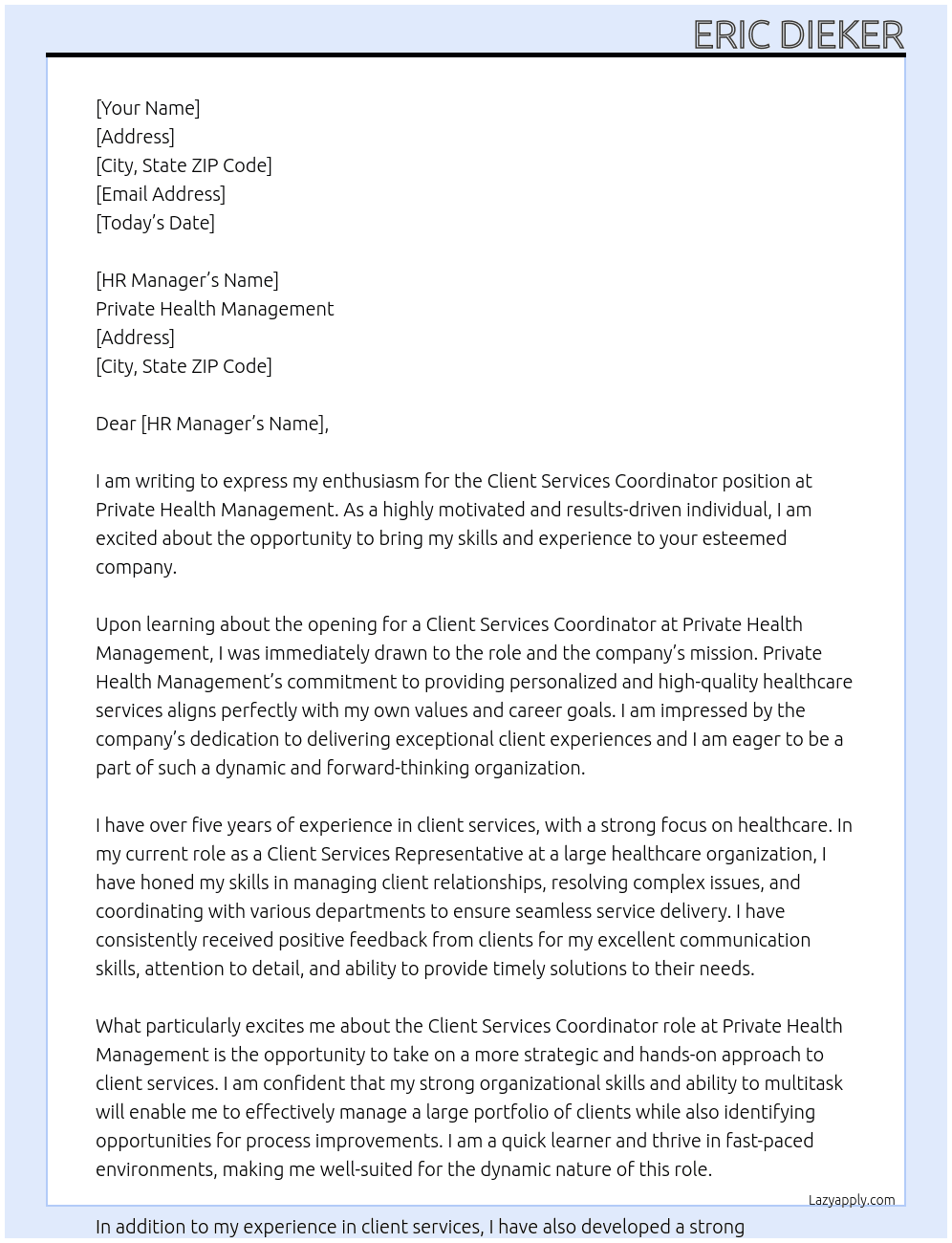 Client Services Coordinator At Private Health Management Cover Letter