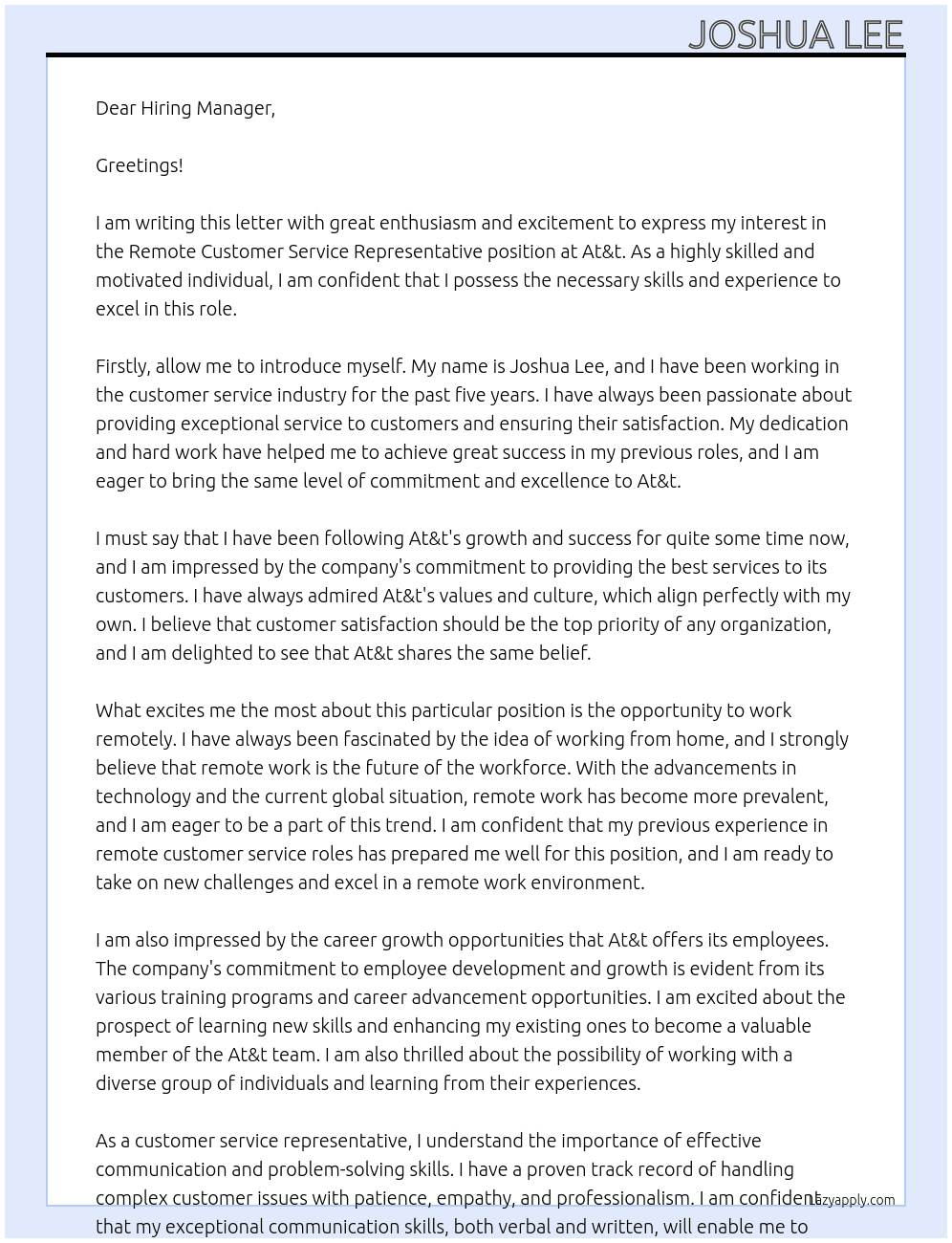 Remote Customer Service Representative  At At&t Cover Letter