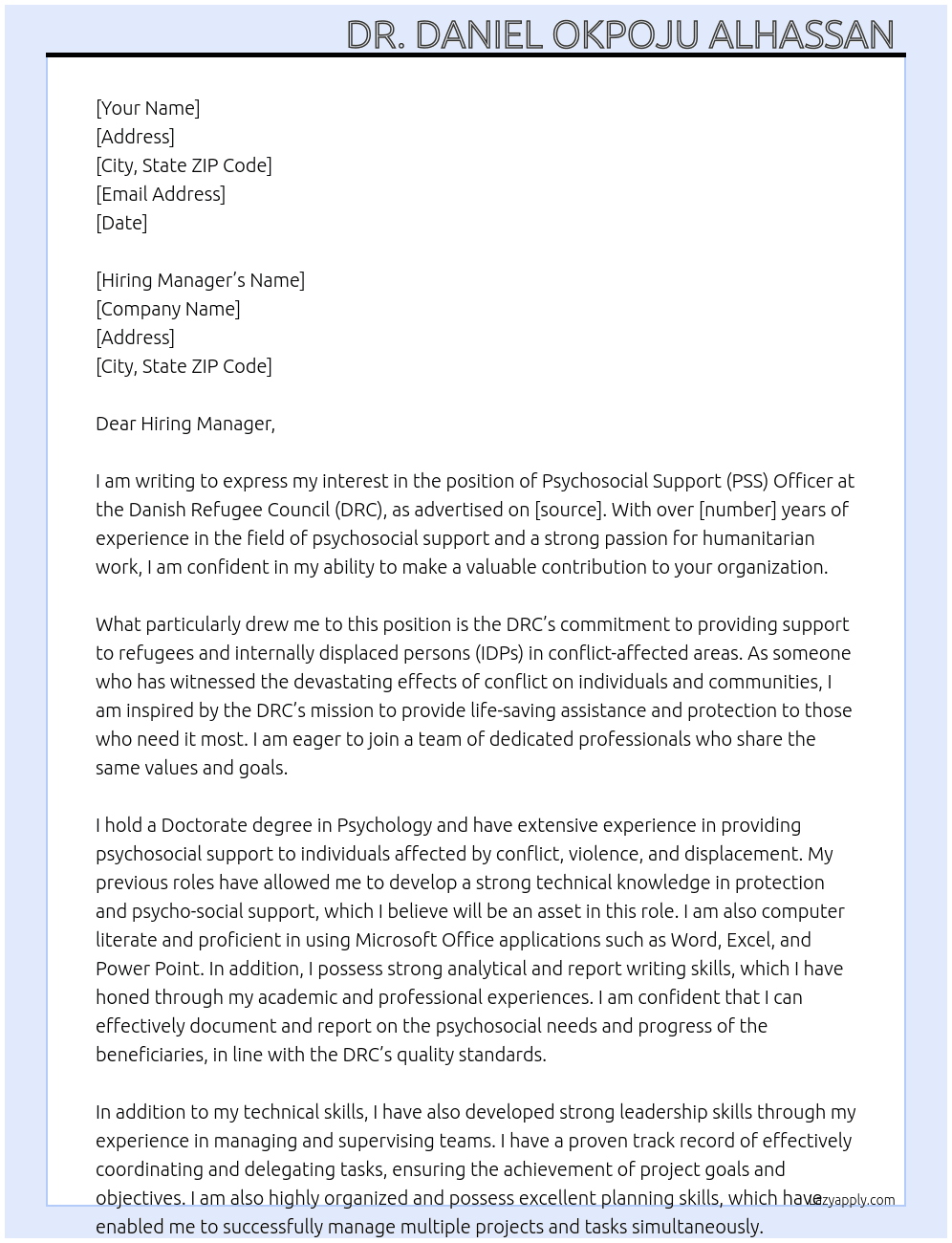 Psychosocial Support (PSS) Officer  At Danish Refugee Council (DRC) Cover Letter