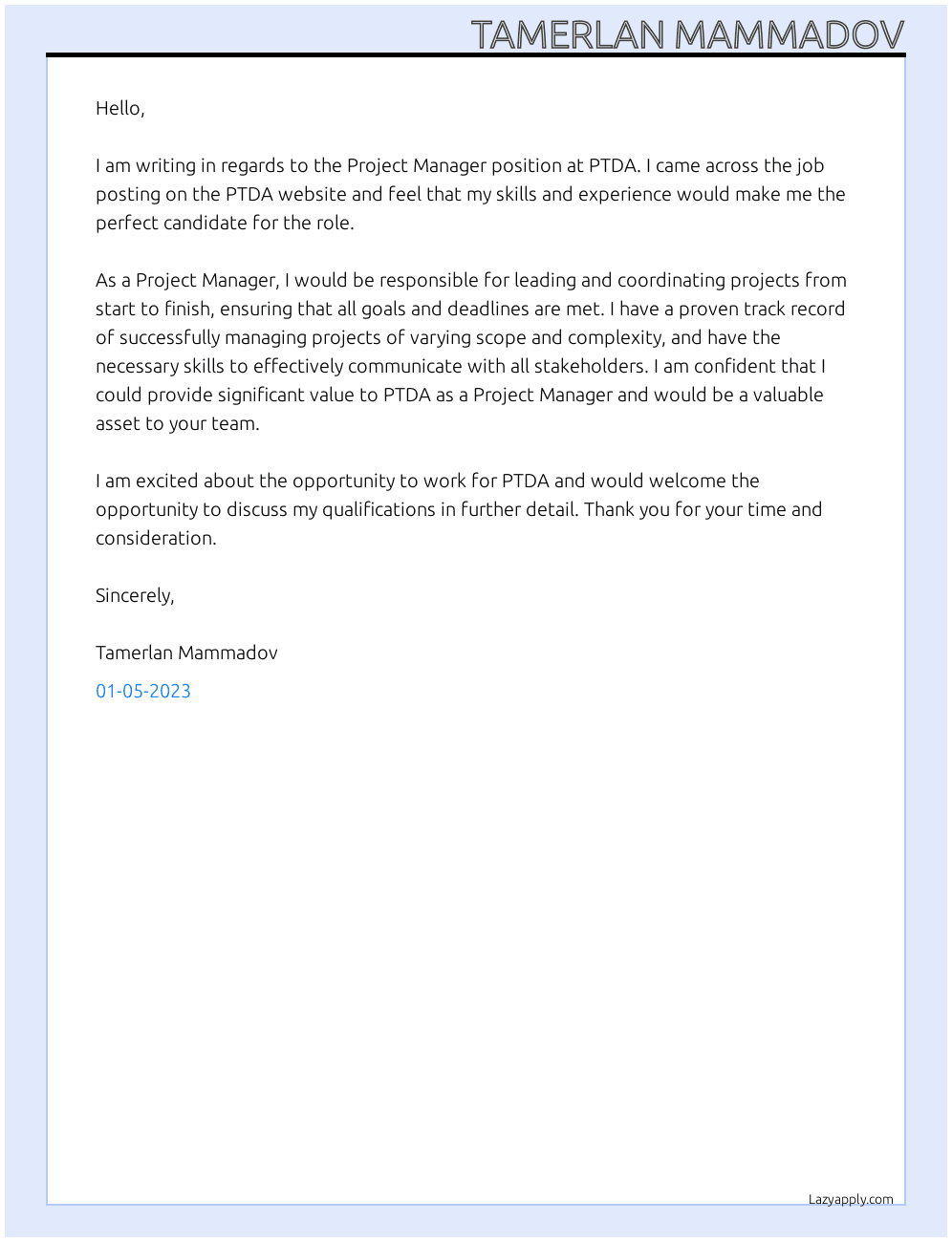 project manager At PTDA Cover Letter