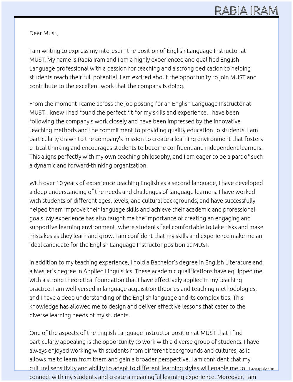 English Langugae Instrctor At MUST Cover Letter