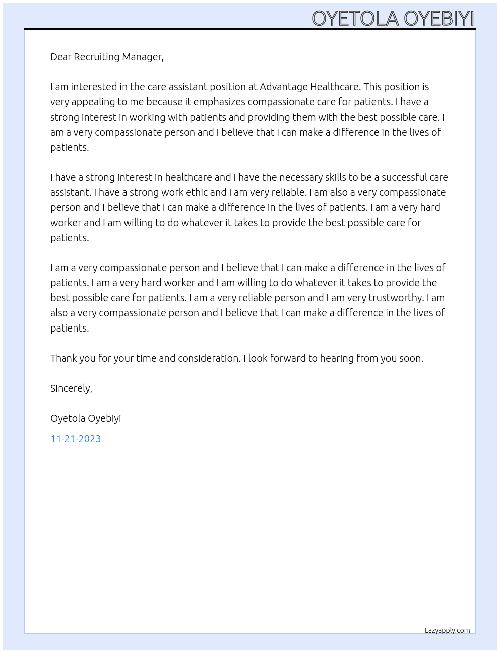 care assistant At advantage healthcare Cover Letter