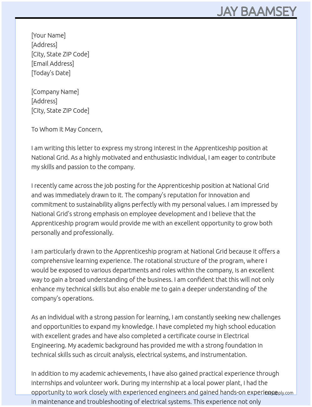 Apprenticeship  At National grid  Cover Letter