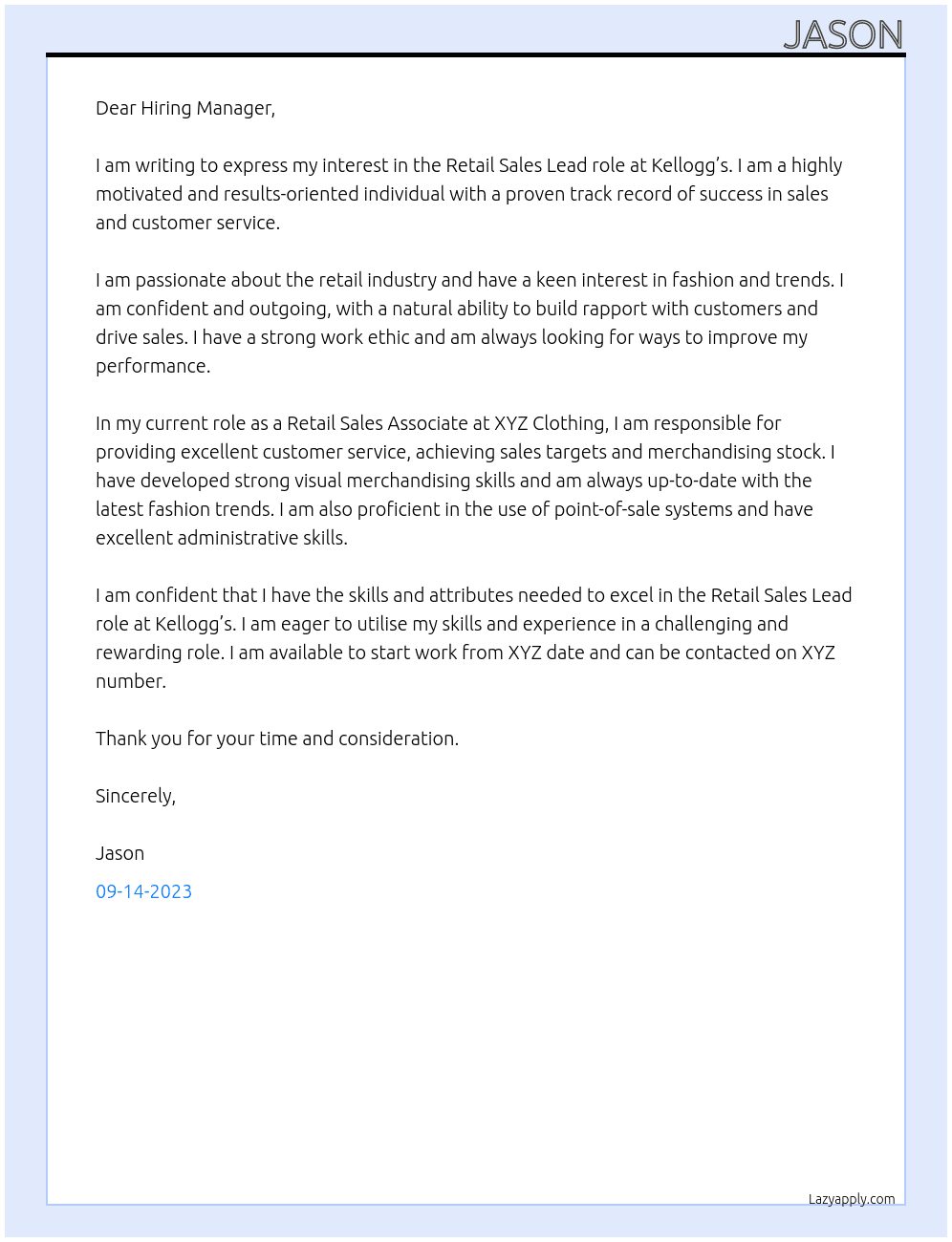 Retail Sales Lead At Kellogg’s Cover Letter