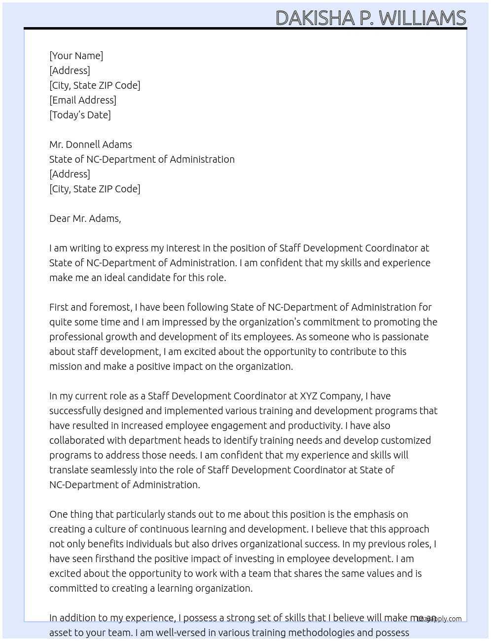 Staff Development Coordinator At State of NC-Department of Administrtion Cover Letter