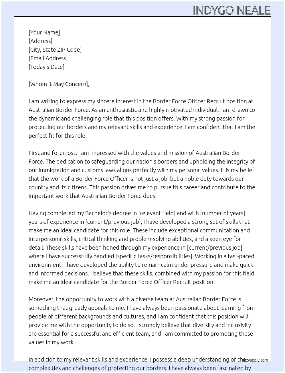 Border Force Officer Recruit  At Australian Border Force Cover Letter