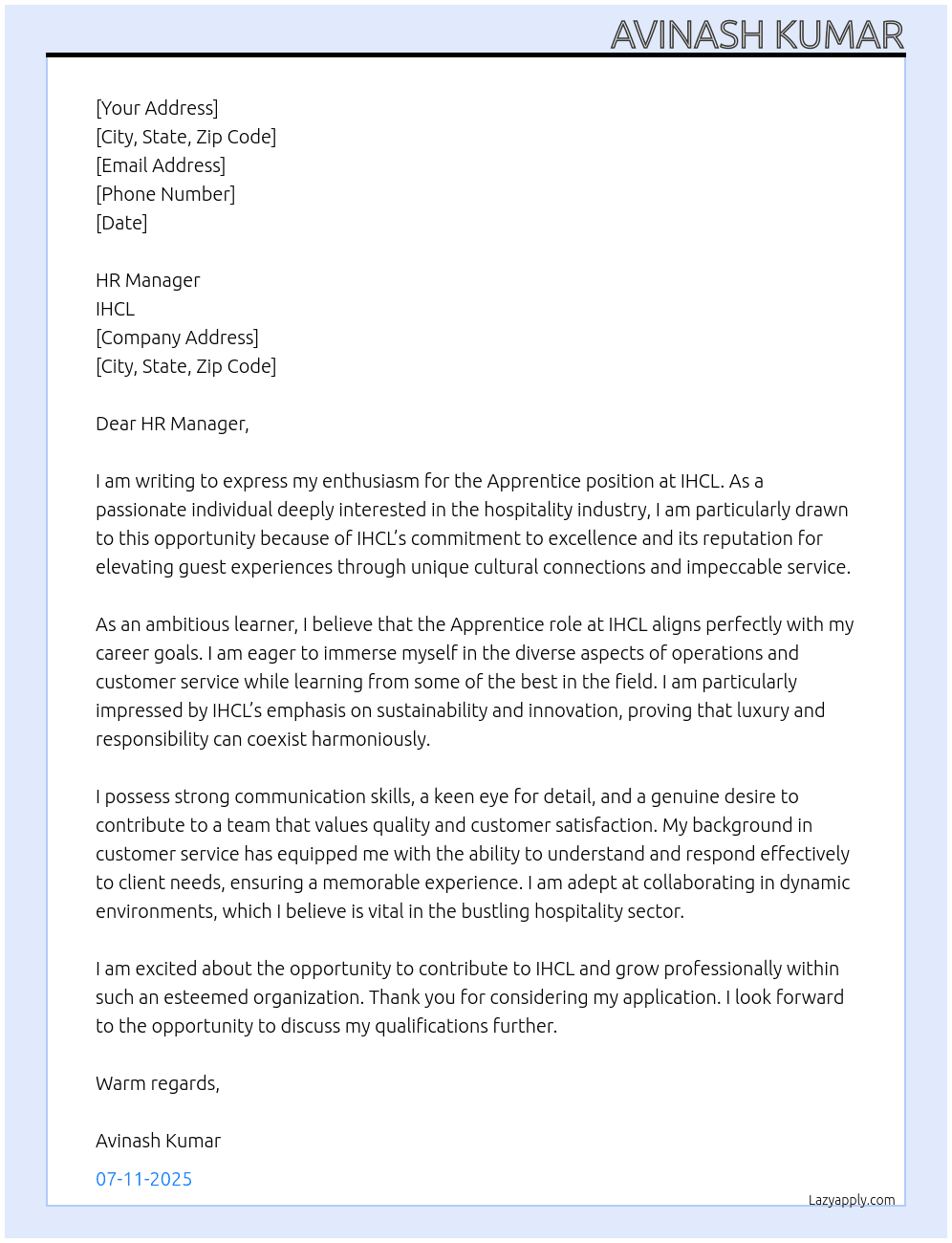 Apprentice At IHCL Cover Letter