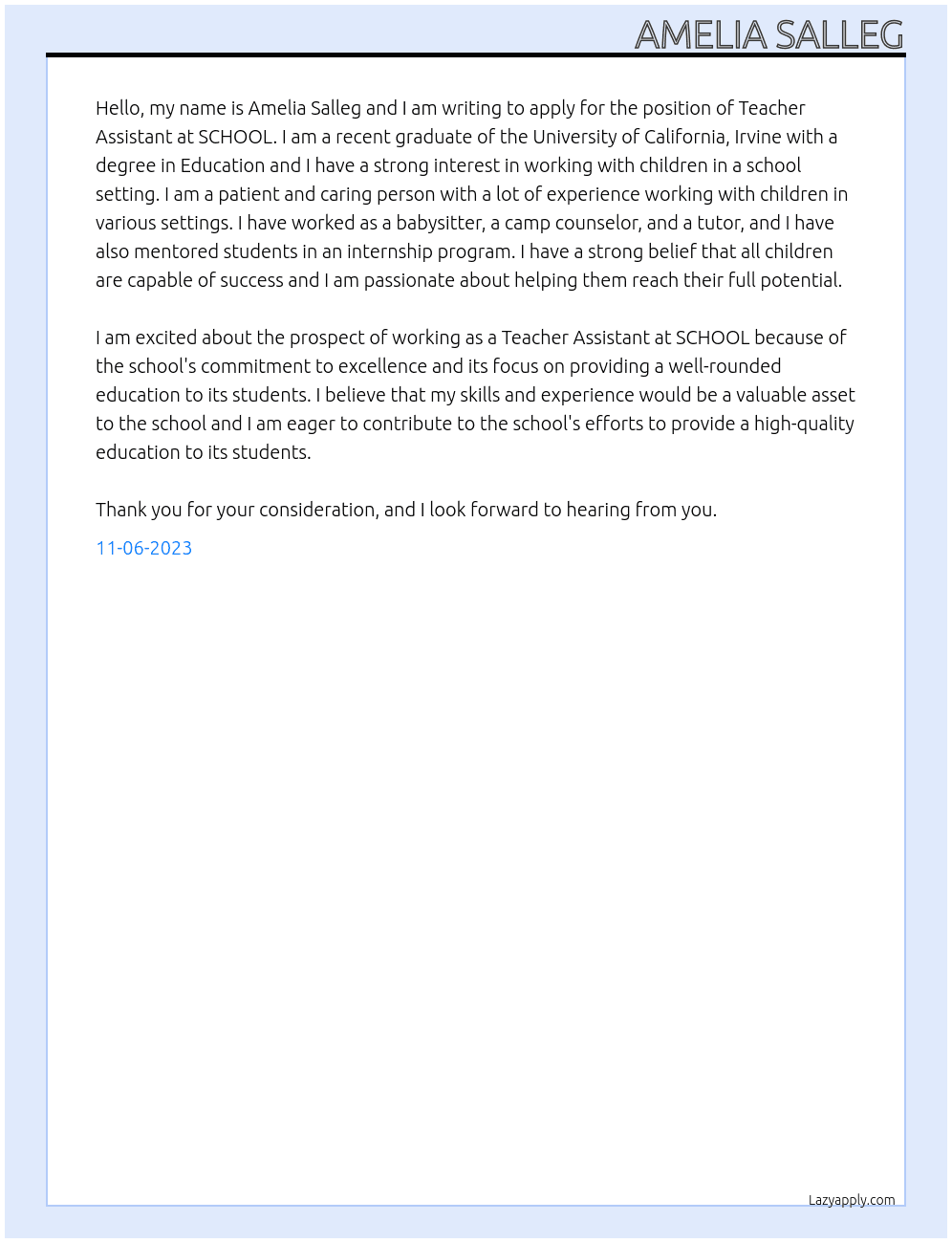 TEACHER ASSITANT At SCHOOL Cover Letter