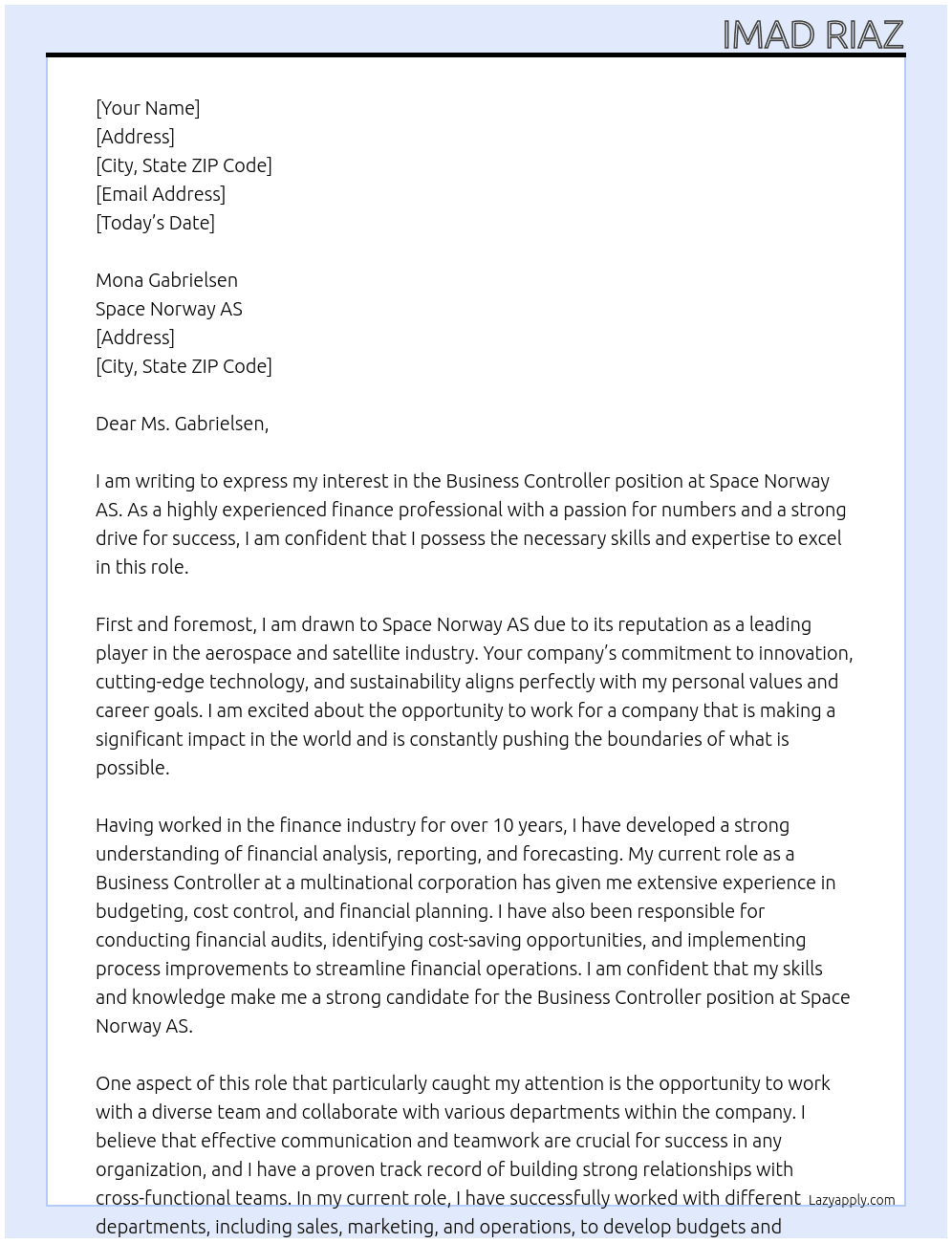 Business Controller At Space Norway AS Cover Letter