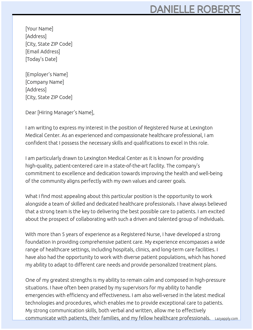 Registered Nurse At Lexington Medical Center Cover Letter