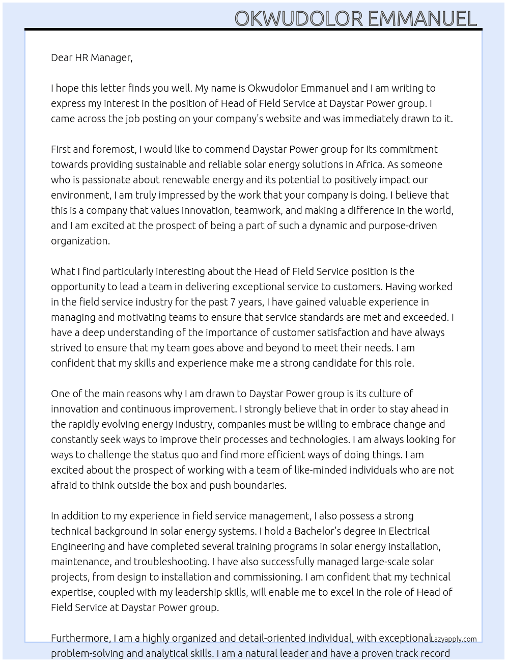 Head, field service  At Daystar Power group Cover Letter