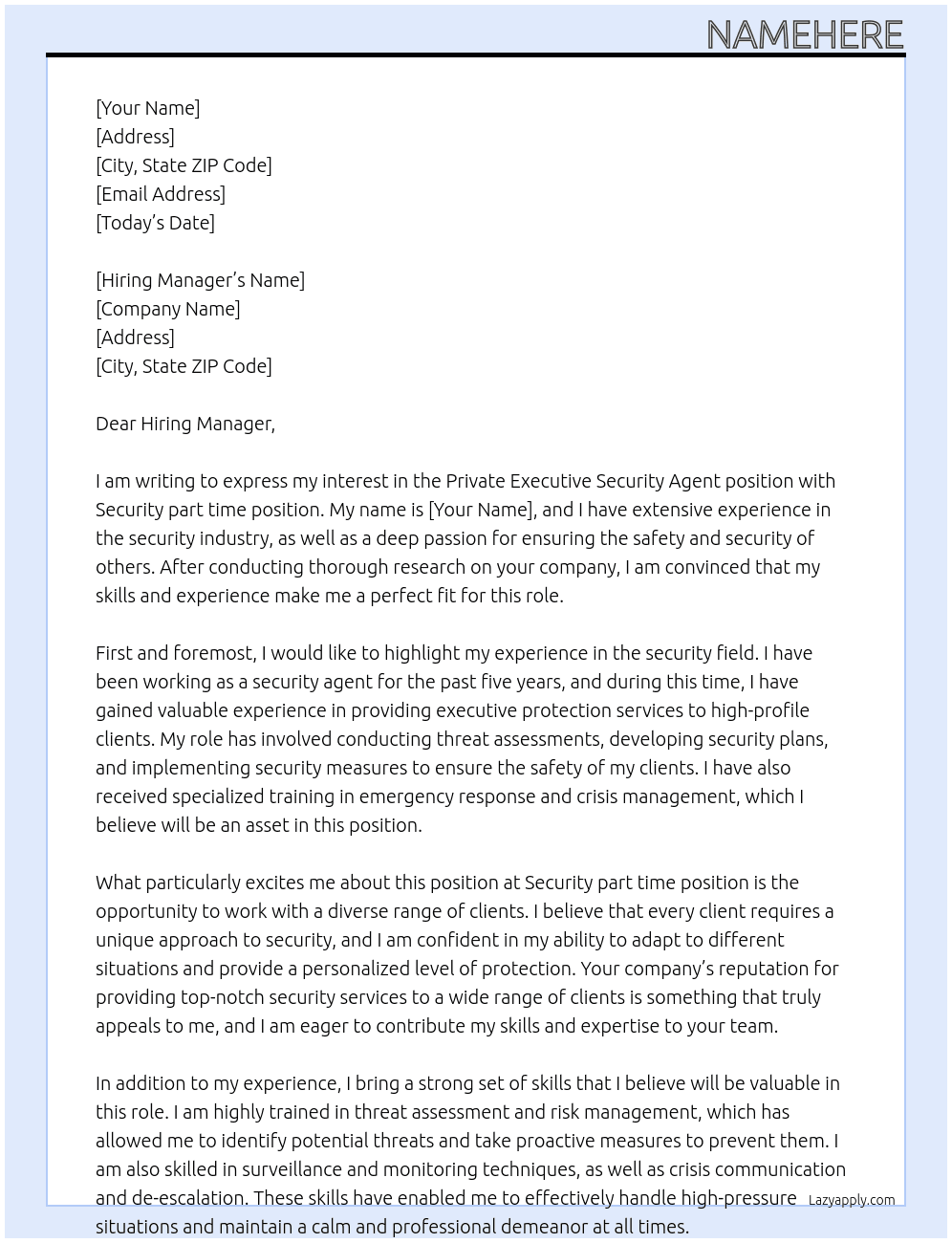 Private Executive Security Agent  At Security part time position  Cover Letter