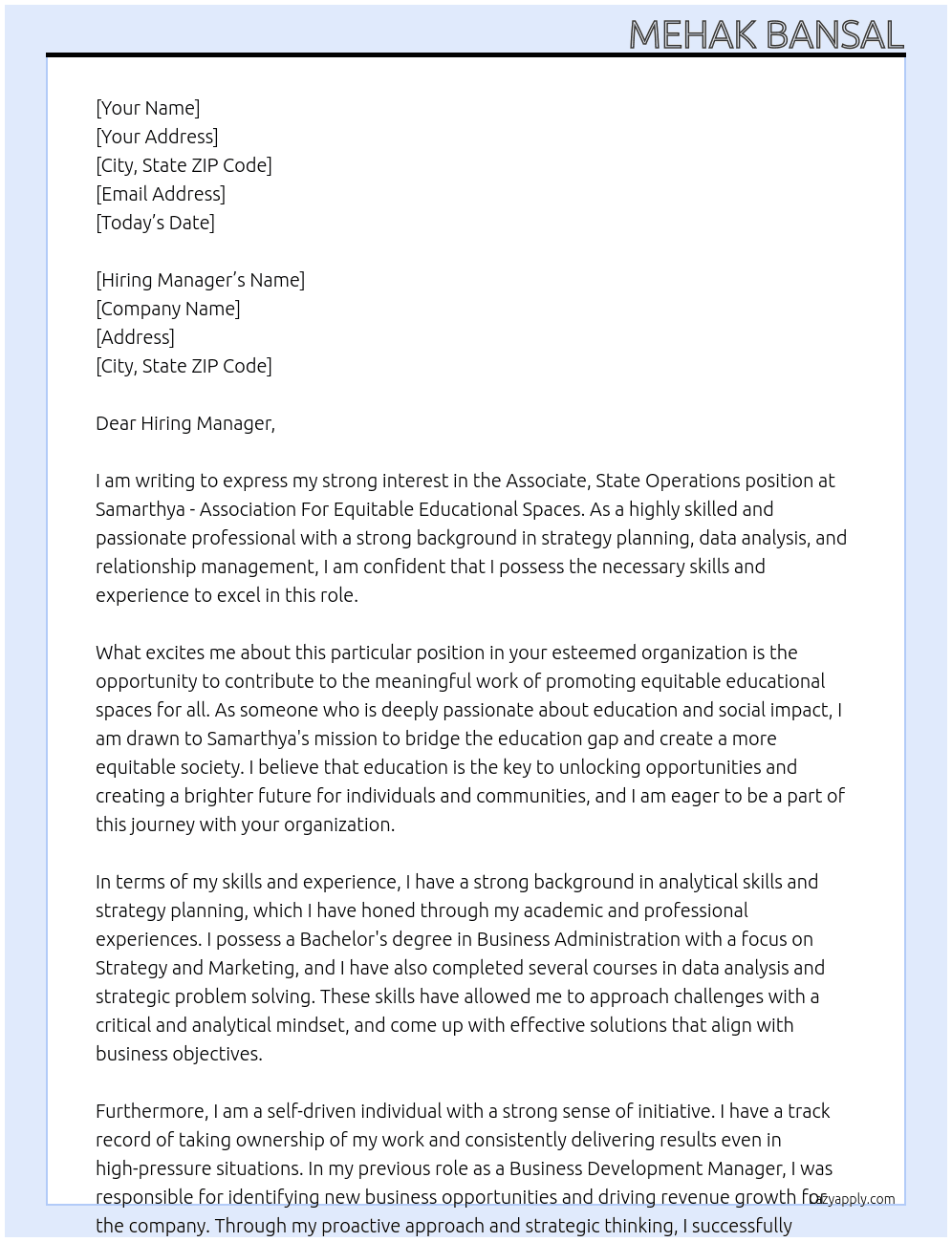 Associate, State Operations At Samarthya - Association For Equitable Educational Spaces Cover Letter
