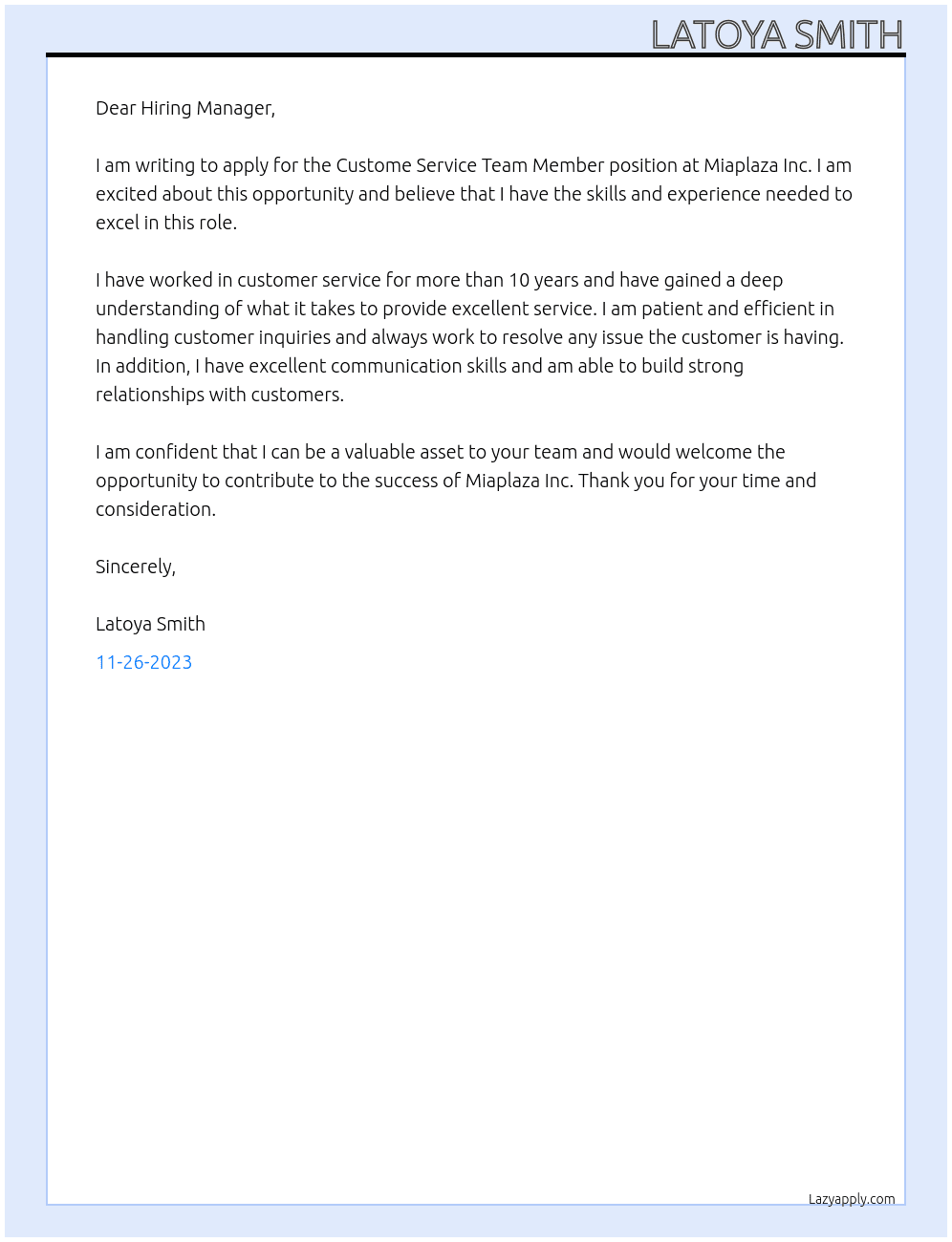 Custome Service Team Member At Miaplaza Inc Cover Letter