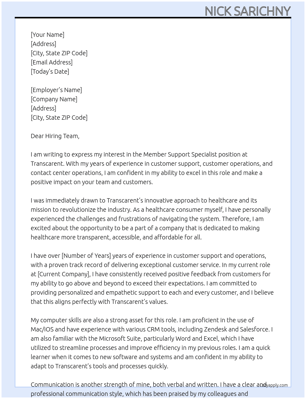 Member Support Specialist  At Transcarent  Cover Letter