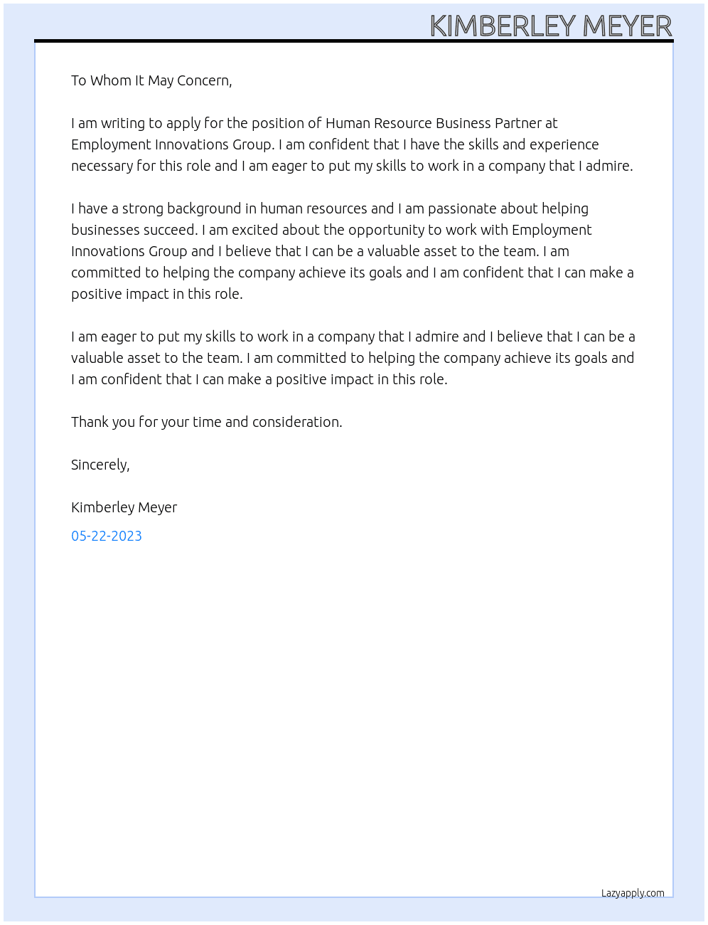 Human Resource Business Partner At Employment Innovations Group Cover Letter