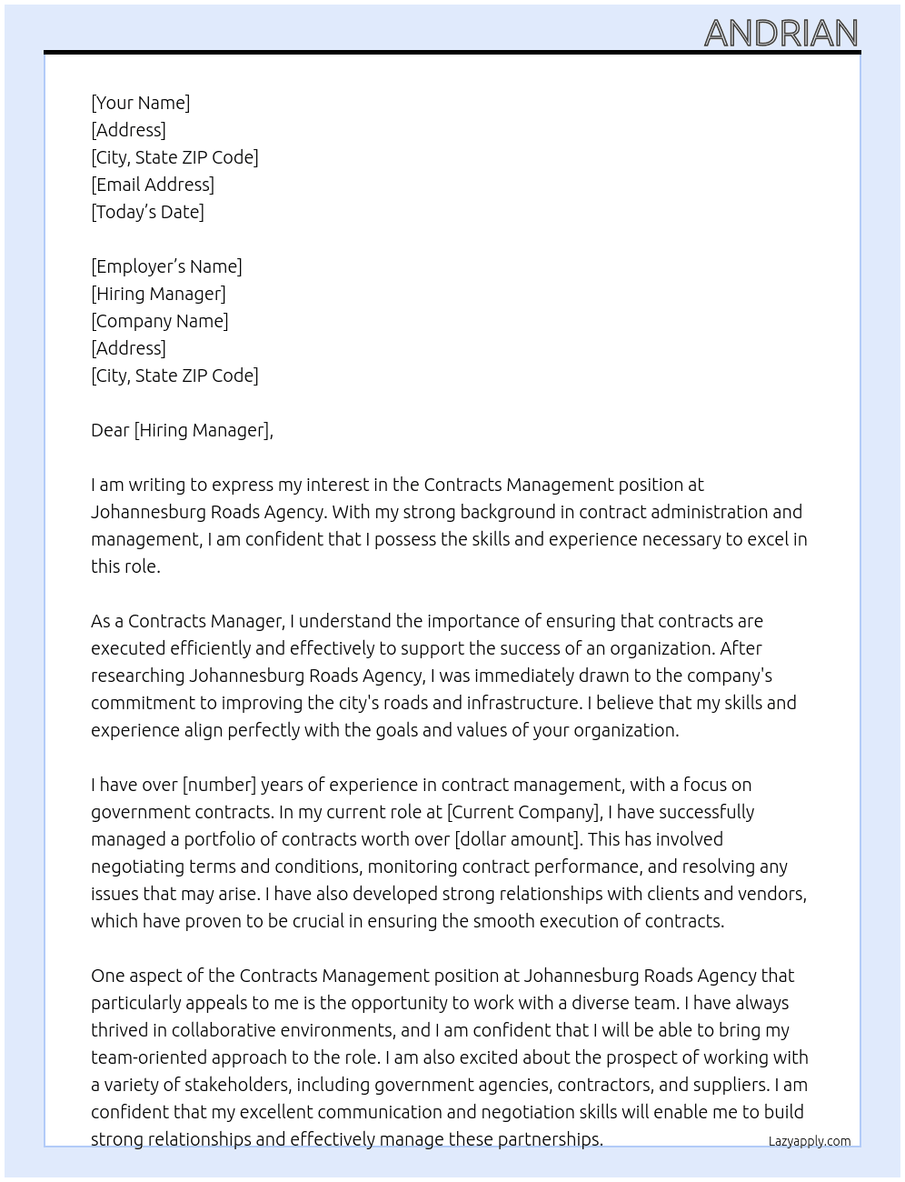 contracts mangment At johanesburg roads agency Cover Letter