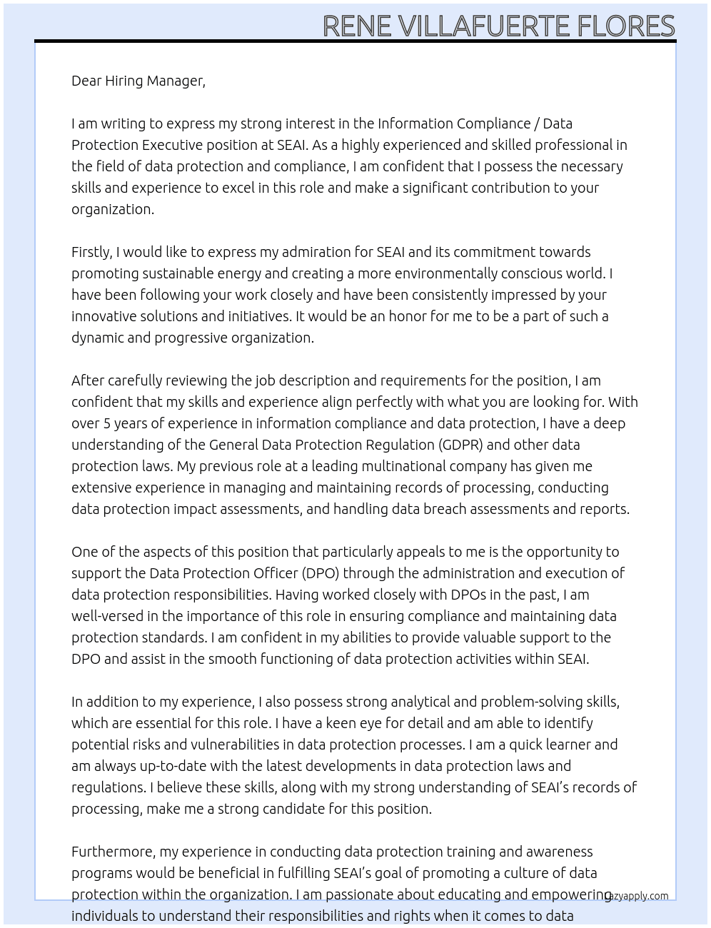 Information Compliance / Data Protection Executive At SEAI Cover Letter