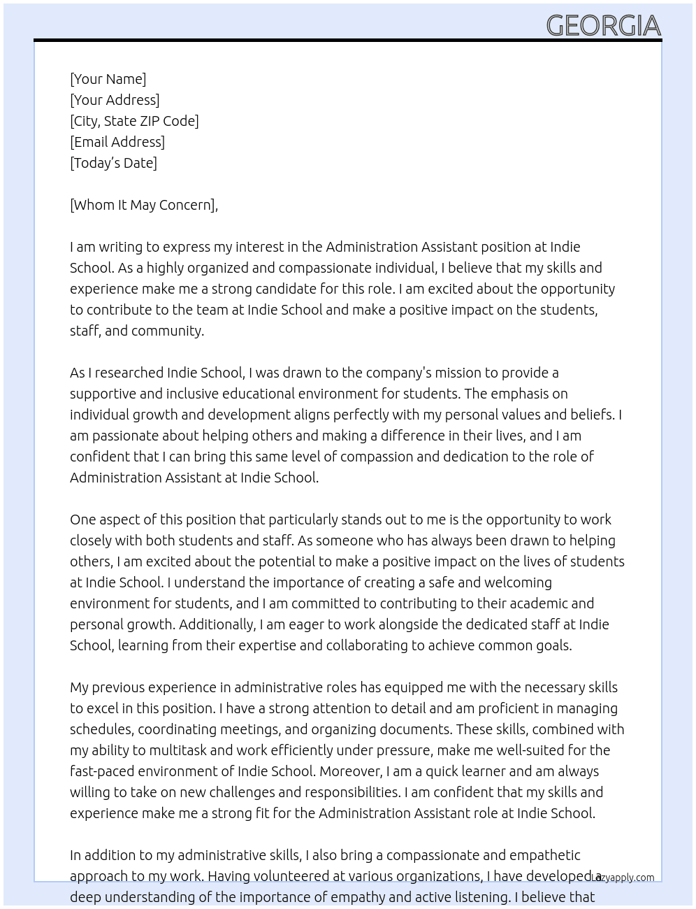 Administration Assistant At Indie School Cover Letter