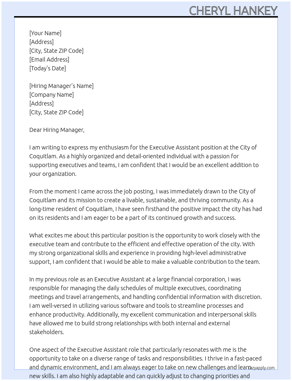 Executive Assistant  At City of Coquitlam Cover Letter