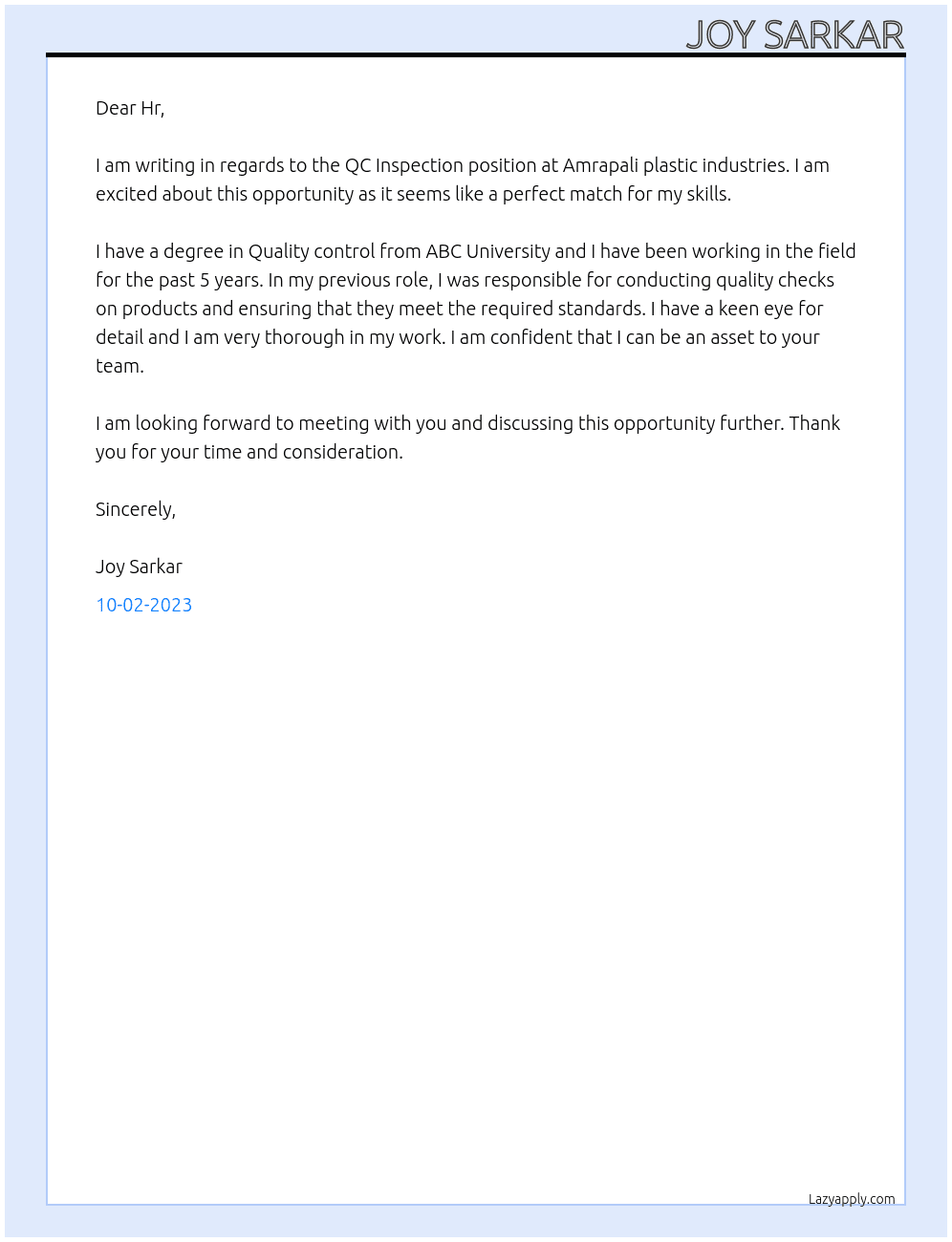 QC INSPECTION  At Amrapali plastic industries  Cover Letter