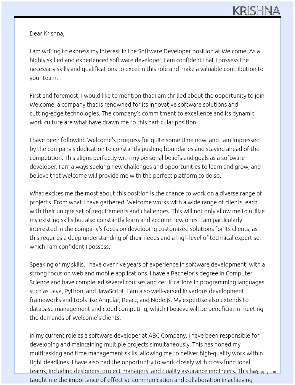 software developer At Welcome Cover Letter