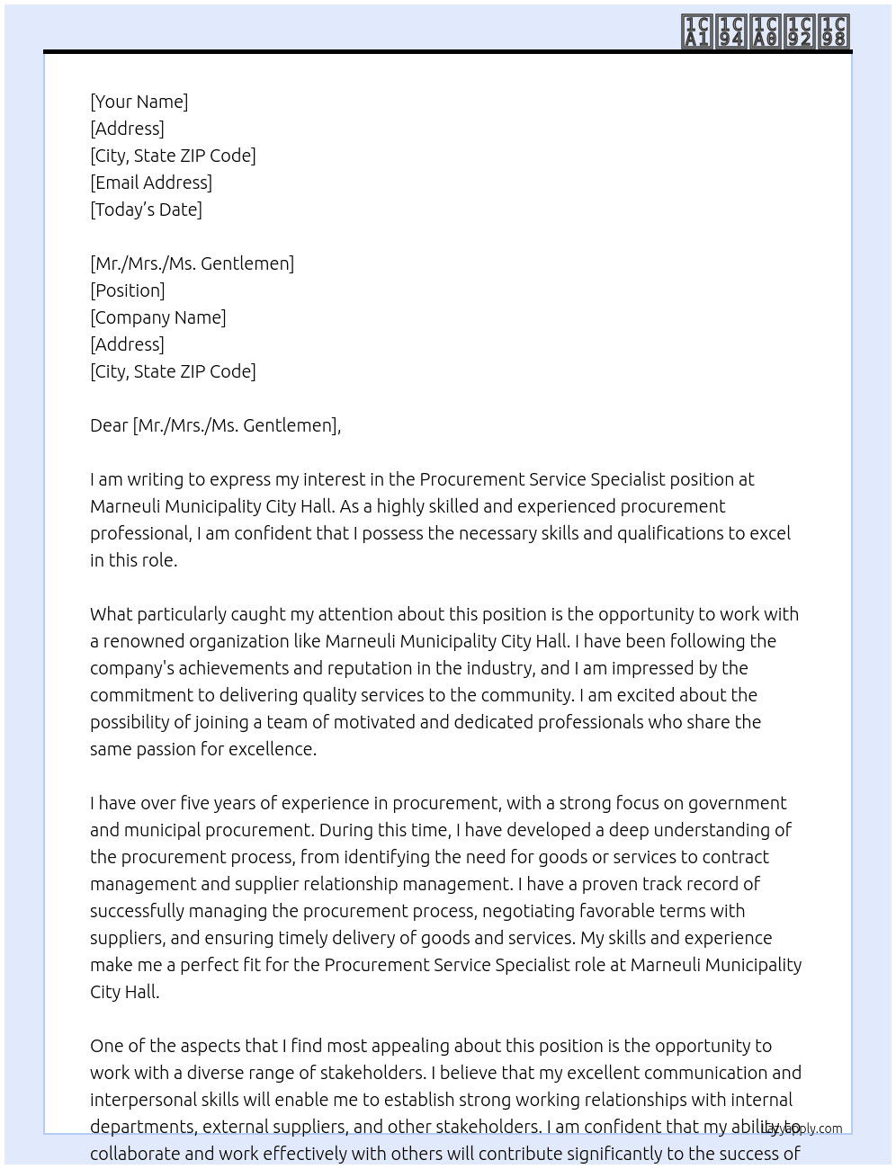 Procurement service specialist At Marneuli Municipality City Hall Cover Letter