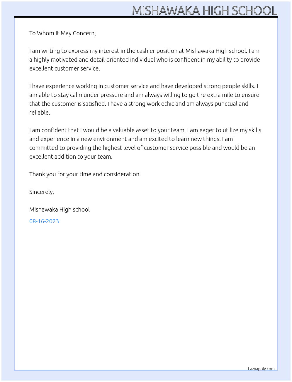cashier At Mishawaka High school Cover Letter