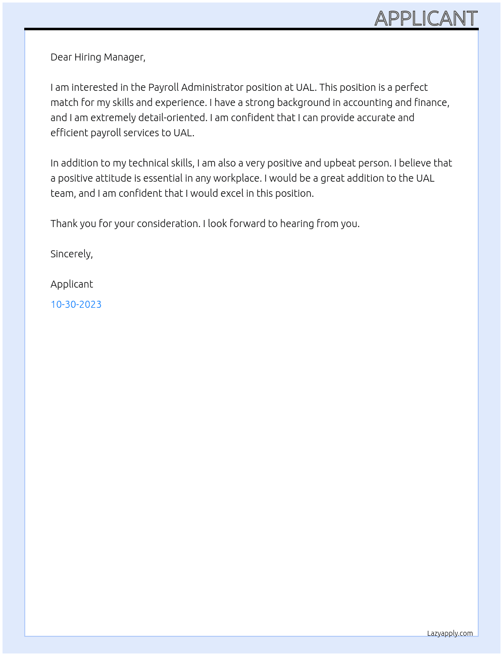 Payroll Administrator At UAL Cover Letter