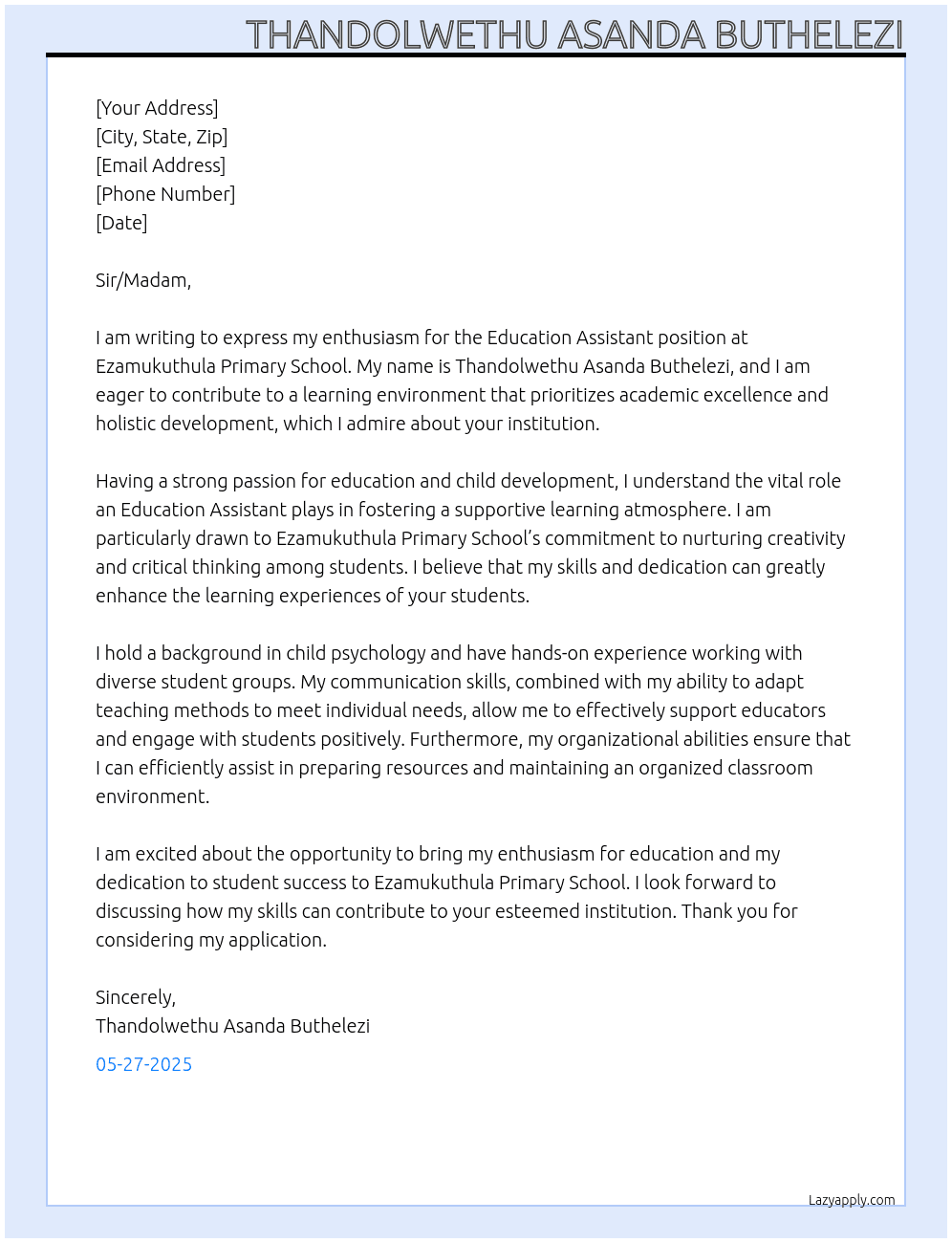 Education Assistant At Ezamukuthula Primary School Cover Letter