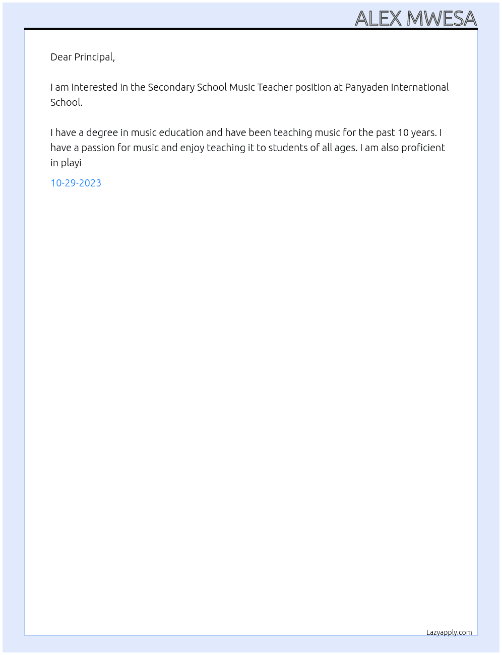 Secondary SCHOOL MUSIC TEACHER At Panyaden International School Cover Letter