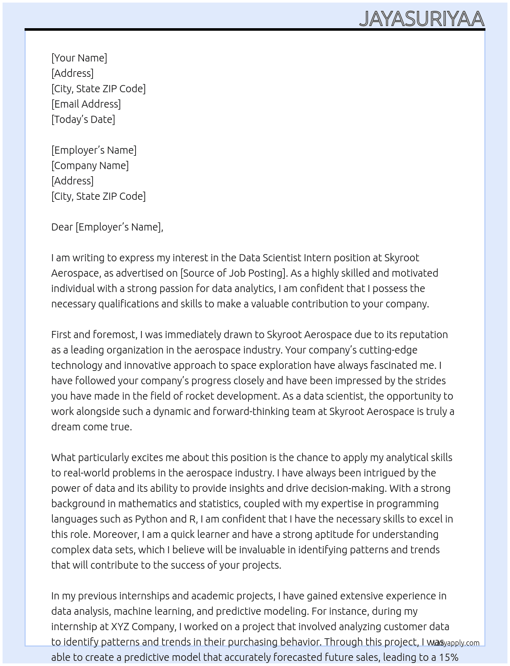  Data Scientist Intern At Skyroot Aerospace Cover Letter