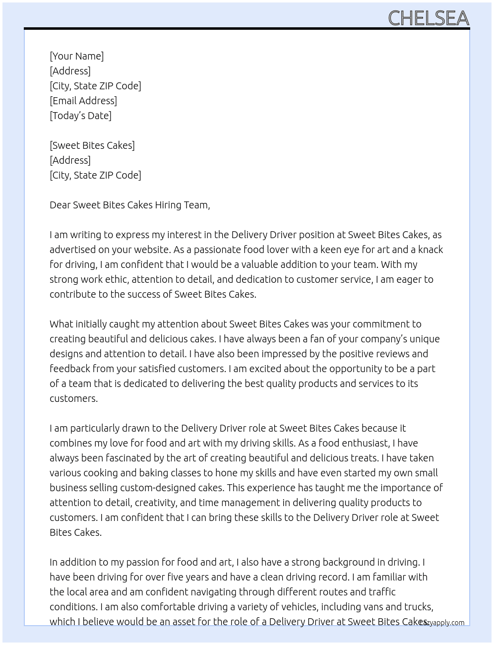 Delivery driver At Sweet Bites Cakes Cover Letter