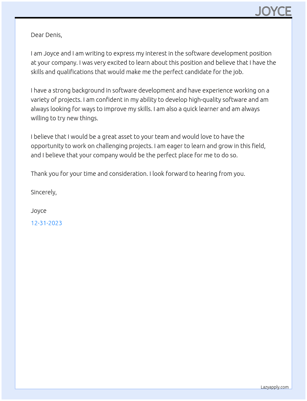 software development At Denis Cover Letter